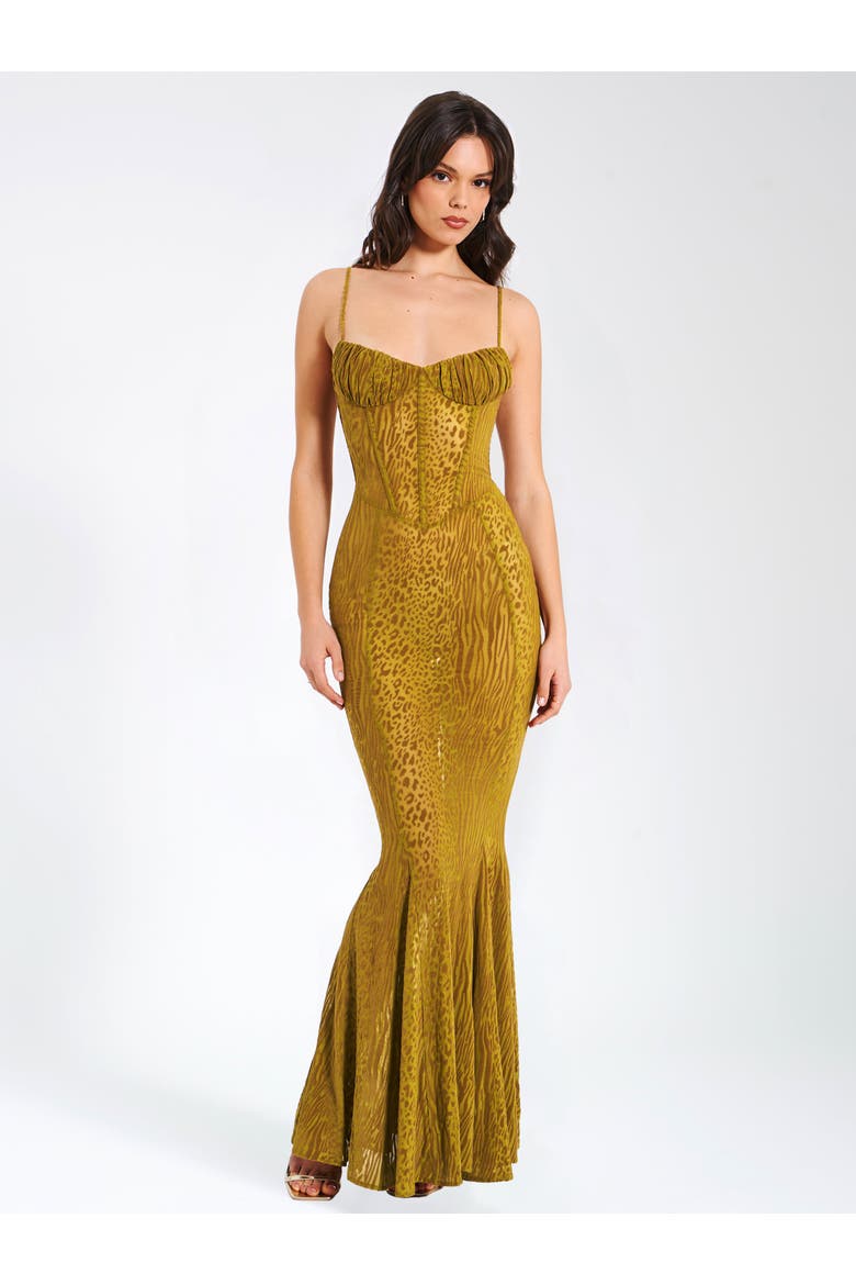 Ulani Burnout Velvet Detail Mesh Maxi Mermaid Dress, Alternate, color, Gold