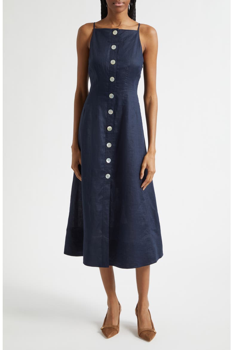 Georges Linen Button-Up Midi Sundress, Main, color, NAVY