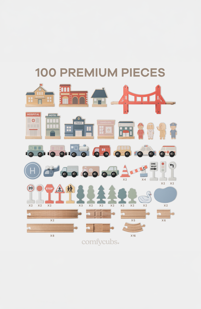 Comfy Cubs 100-Piece Wooden Train Set for Toddlers Ages 1+, Alternate, color, 100 Pc Set