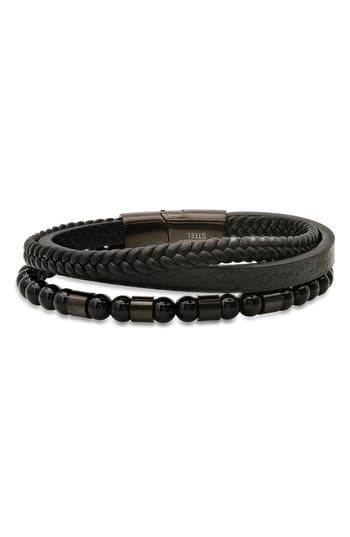Hmy Jewelry Set Of 2 Bead & Leather Bracelets In Black