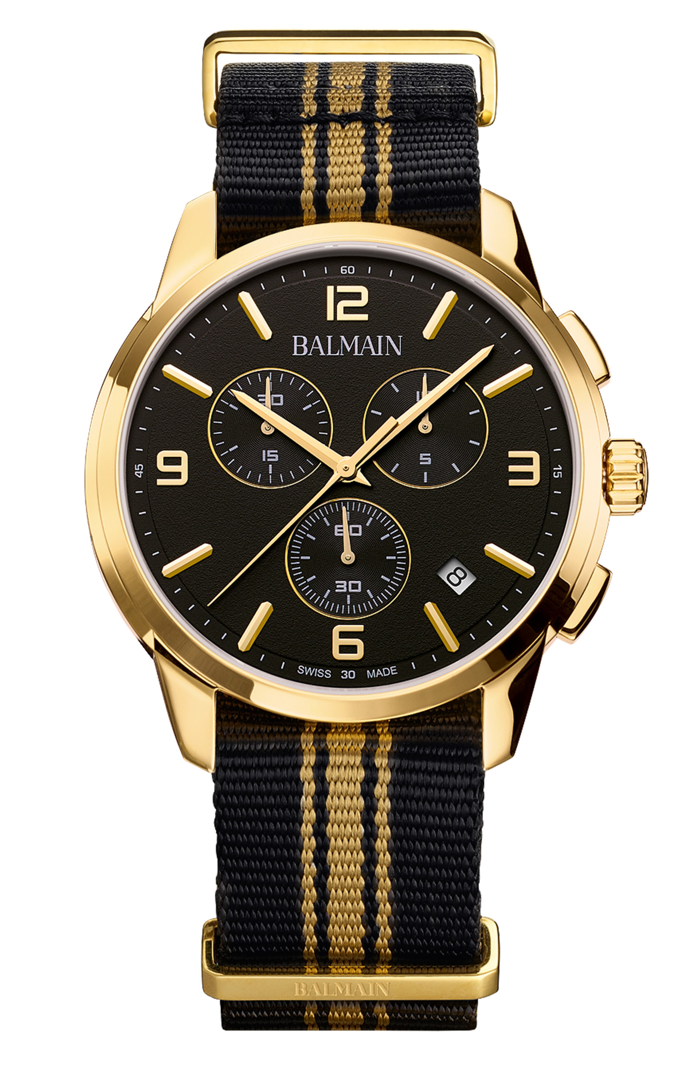 BALMAIN WATCHES Madrigal Chronograph Fabric Strap Watch, 42mm in Black Nato 
