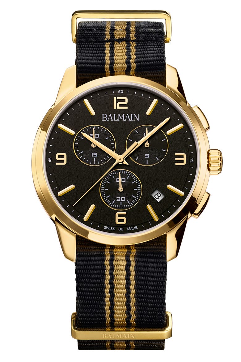 Madrigal Chronograph Fabric Strap Watch, 42mm, Main, color, BLACK NATO