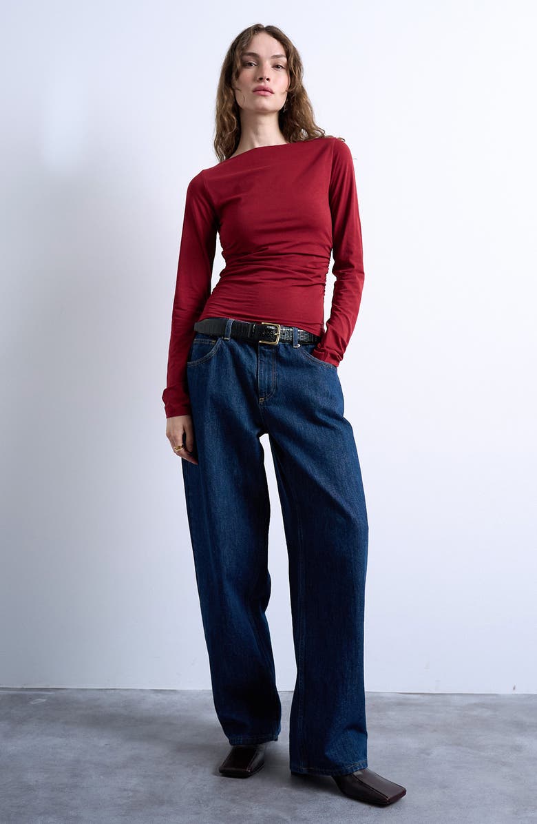 Topshop Ruched Bateau Neck Top, Main, color, Red