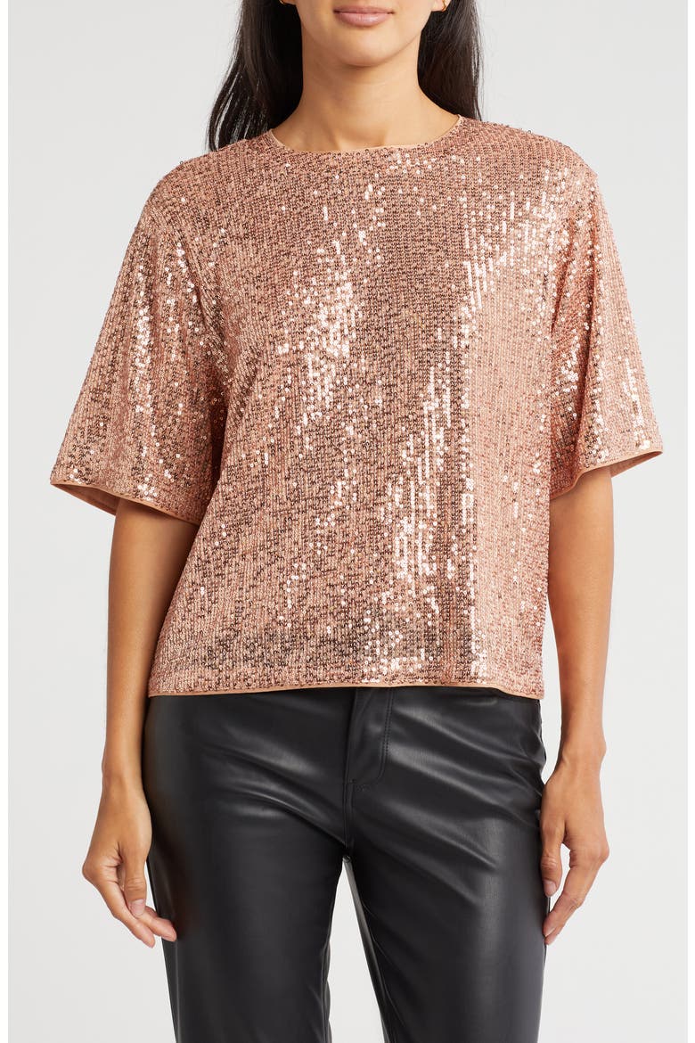 Short Sleeve Sequin Top, Main, color, ROSE GOLD
