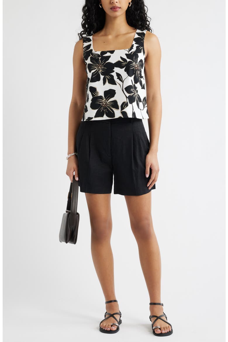 Square Neck Sleeveless Linen Blend Top, Alternate, color, WHITE- BLACK TROP BLOOM