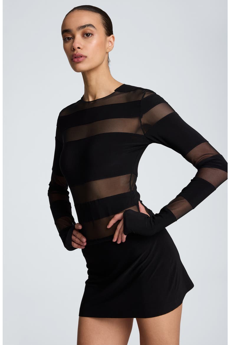 Long Sleeve Sheer Stripe Minidress, Alternate, color, BLACK