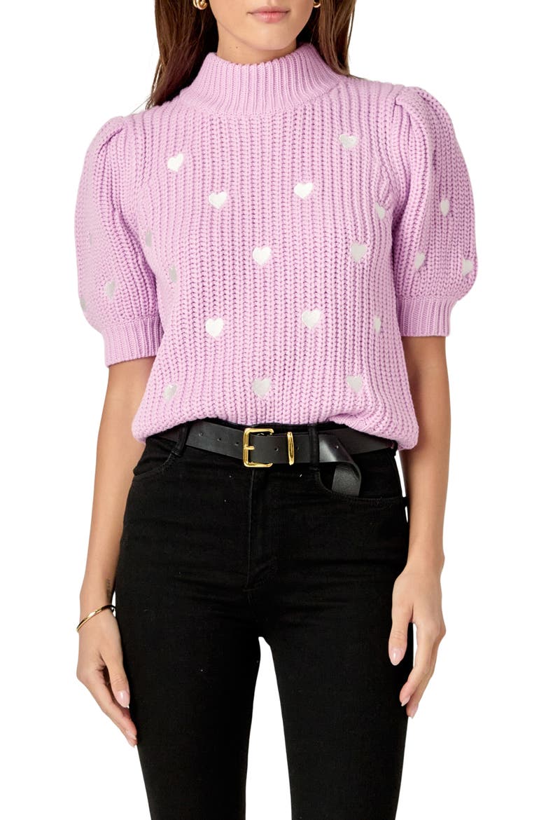 Heart Embroidered Puff Sleeve Sweater, Main, color, LILAC