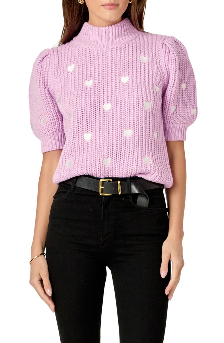English Factory Heart Embroidered Puff Sleeve Sweater, Main, color, Lilac
