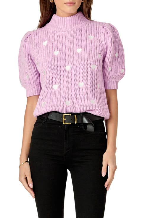 Heart Embroidered Puff Sleeve Sweater