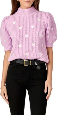 English Factory Heart Embroidered Puff Sleeve Sweater