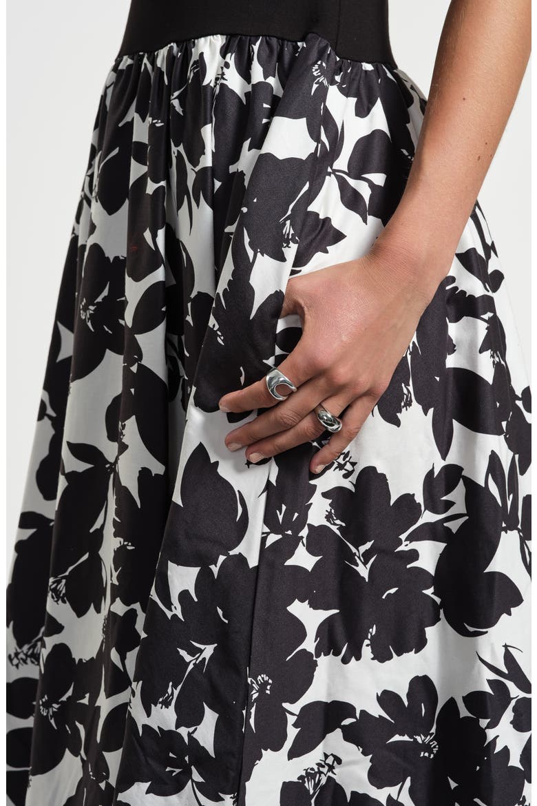 Sleeveless Ponte & Satin Midi Dress, Alternate, color, NOIR FLORAL