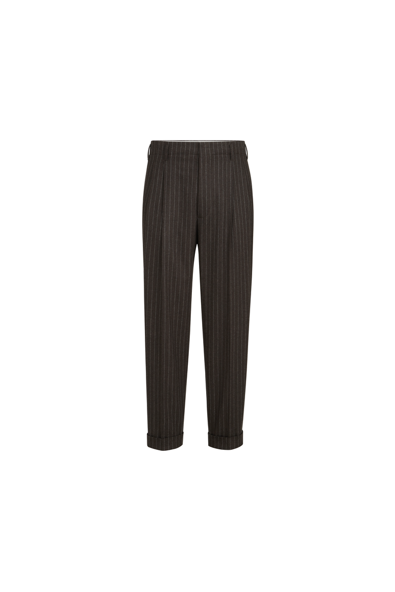 Virgin wool and cashmere chalk stripe trousers with double pleats, Alternate, color, Brown