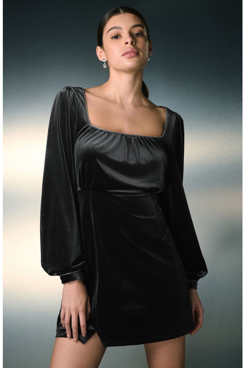 Diamante Long Sleeve Velvet Minidress, Alternate, color, BLACK