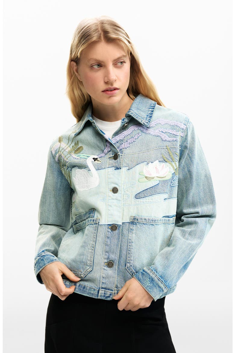 Swan Appliqué Denim Trucker Jacket, Alternate, color, MEDIUM BLUE