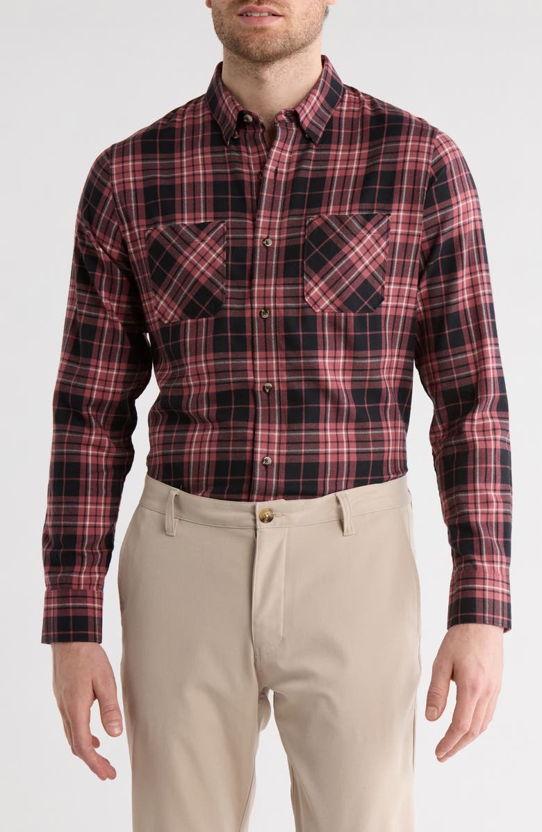 TravisMathew Cloud Plaid Flannel Button-Up Shirt, Main, color, Black/ Roan Rouge