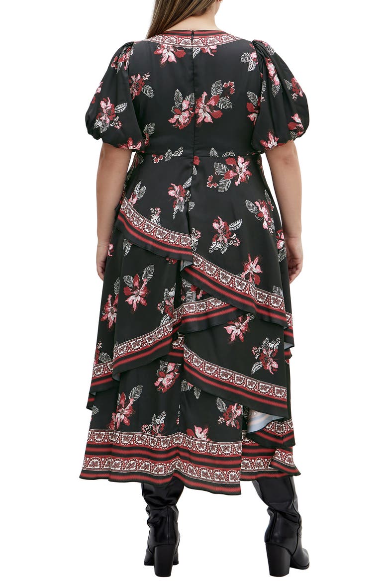 Thea Floral Tiered Puff Sleeve Midi Dress, Alternate, color, BLACK FLORAL