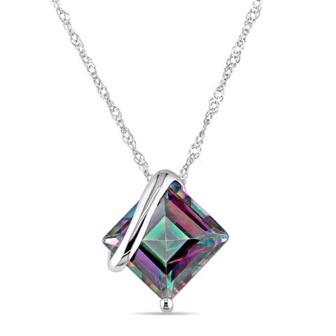 Gemstone Square Solitaire Necklace 10K