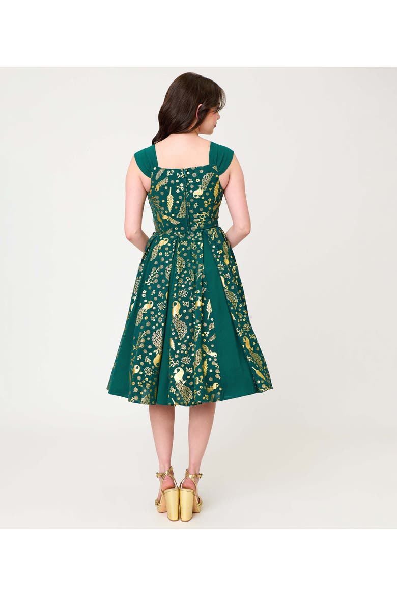 Square Neck Sleeveless Godet Swing Dress, Alternate, color, Green Foiled Peacock