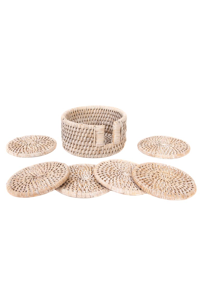 Artifacts Rattan Round Coasters with Box - 7 Piece Set, Alternate, color, White Wash