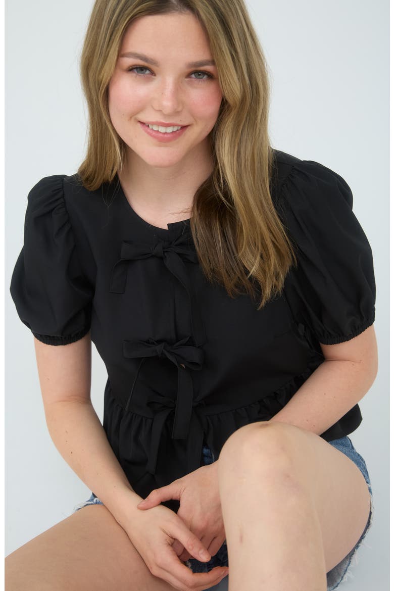 Bow Embellished Peplum Top, Alternate, color, BLACK
