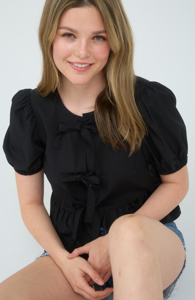 Blu Pepper Bow Embellished Peplum Top, Alternate, color, Black