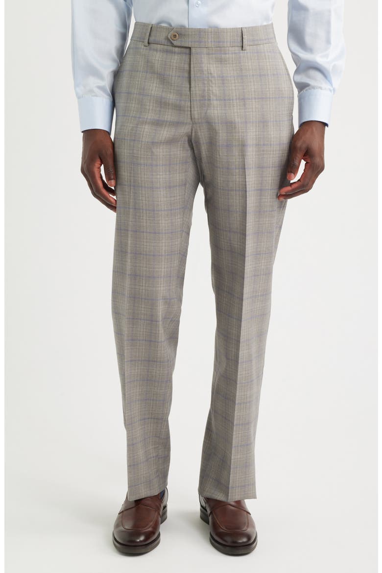 Light Grey Plaid Flat Front Wool Dress Pants, Main, color, SAND