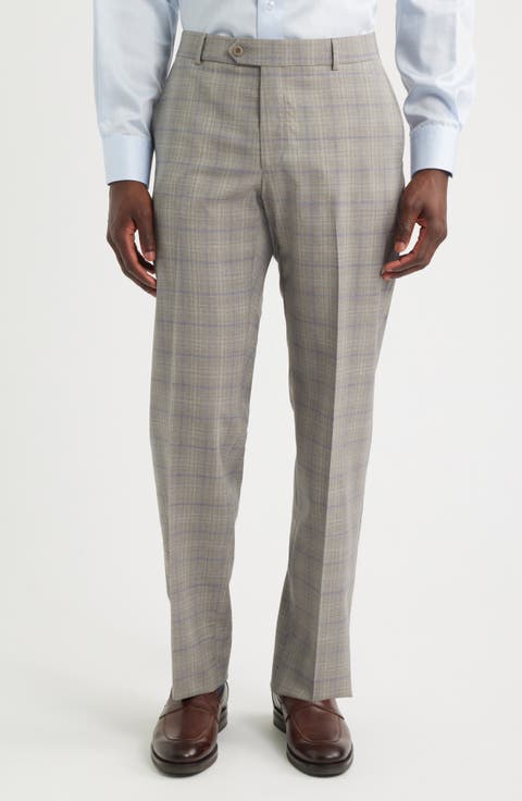 Light Grey Plaid Flat Front Wool Dress Pants