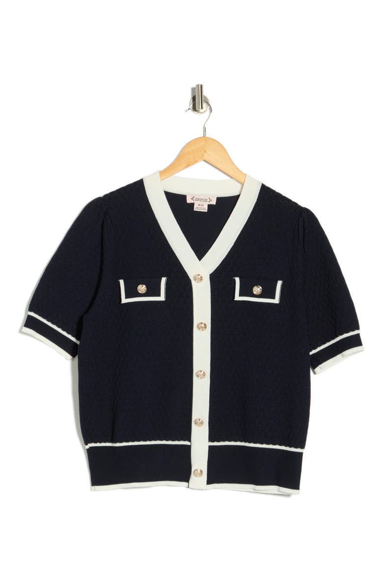 Preppy Pointelle Short Sleeve Sweater, Main, color, NAVY/ IVORY