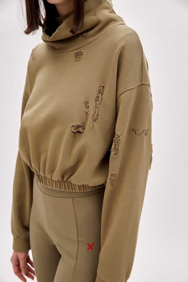 Cotton Destroyed High Neck Sweat, Alternate, color, COVERT GREEN