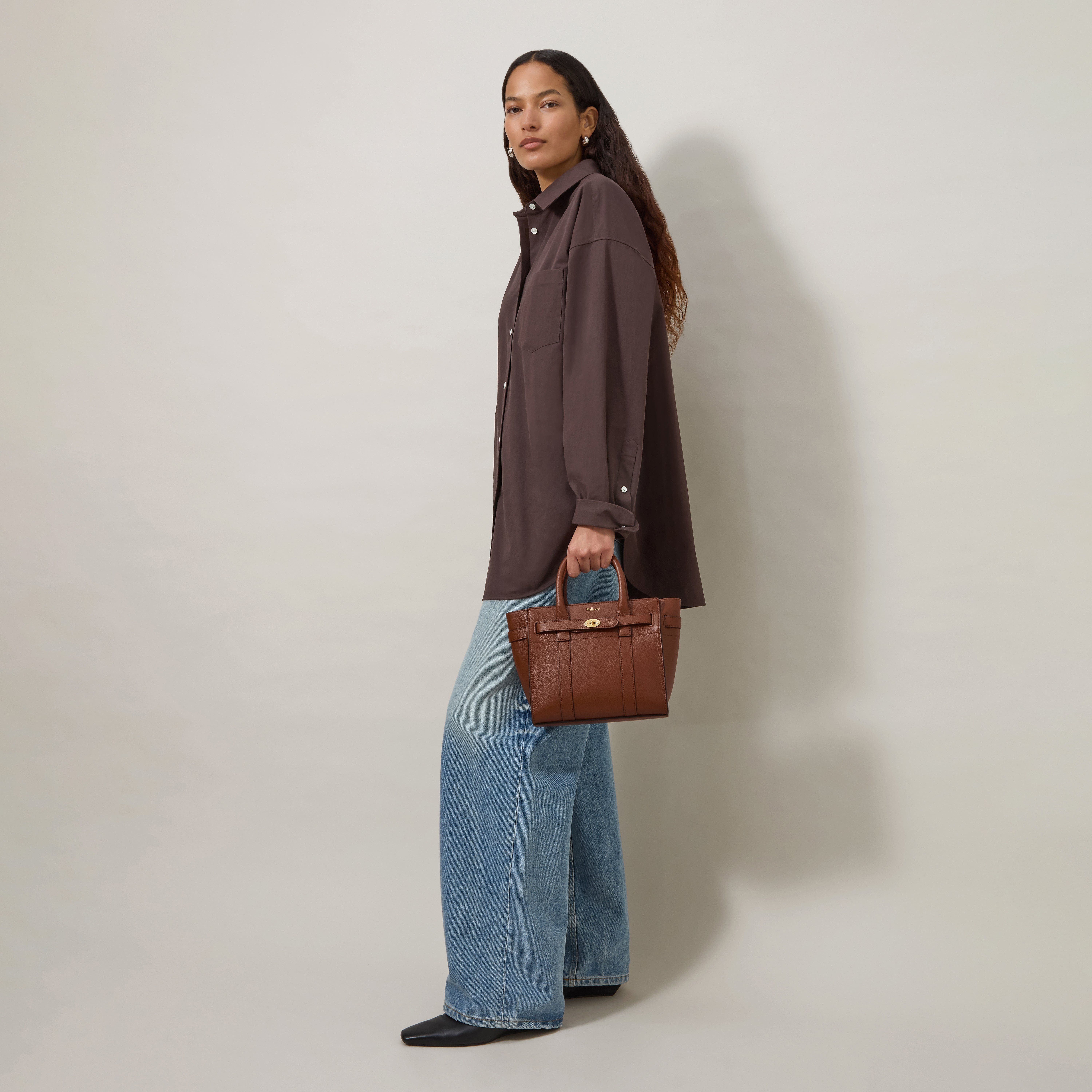 Mulberry Mini Zipped Bayswater Leather Satchel, Alternate, color, Oak