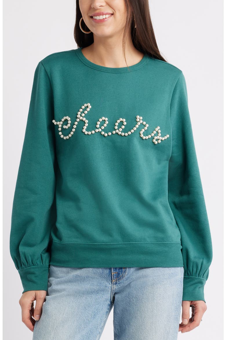 Gretchen Imitation Pearl Embellished Balloon Sleeve Sweatshirt, Main, color, GREEN JASPER EMBELLISHMENT