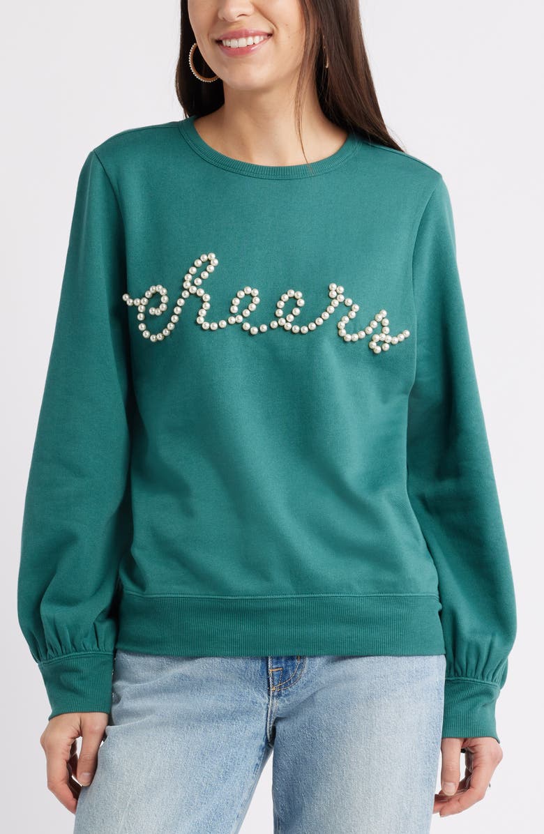 Caslon<sup>®</sup> Gretchen Imitation Pearl Embellished Balloon Sleeve Sweatshirt, Main, color, Green Jasper Embellishment