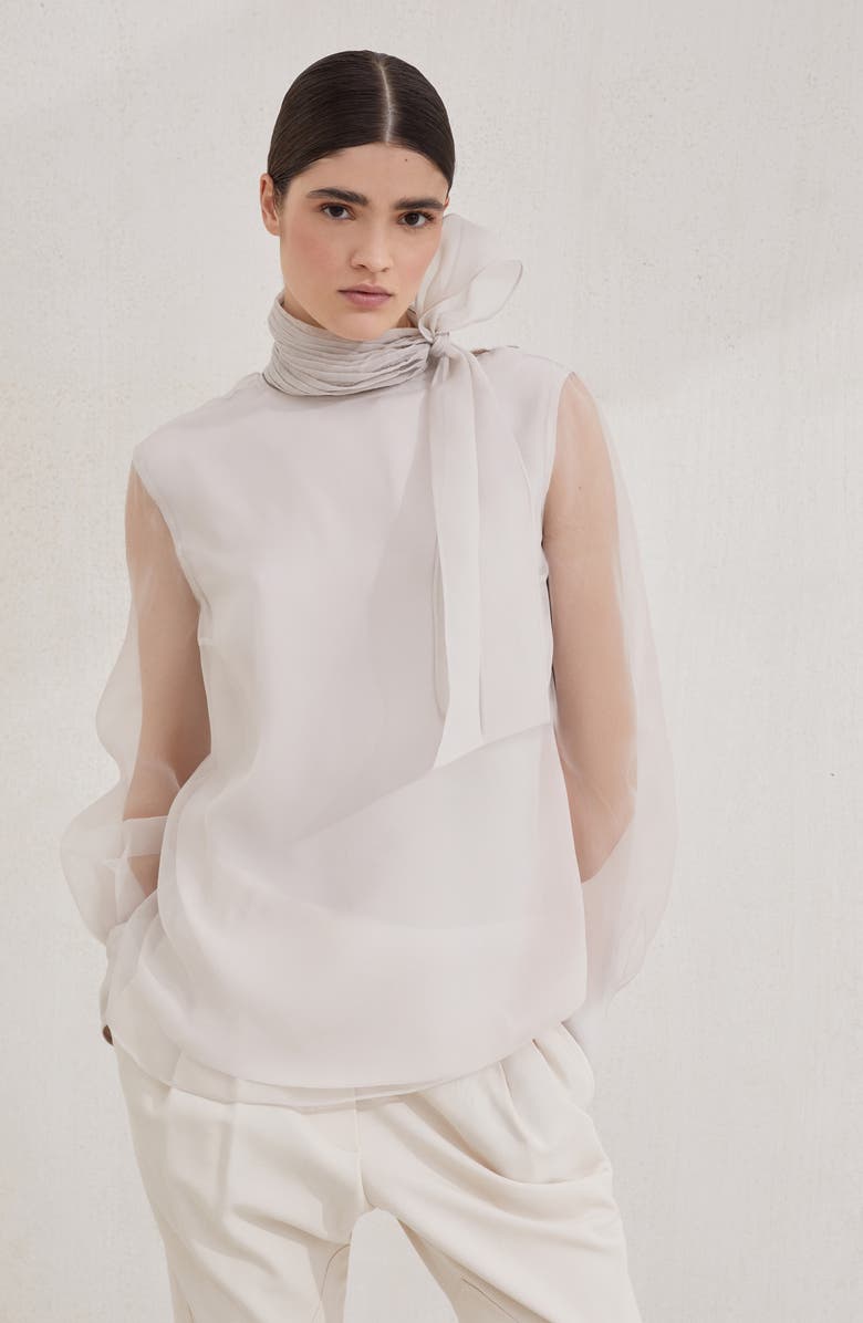 Brunello Cucinelli Pussybow blouse with monili, Alternate, color, Beige Silk