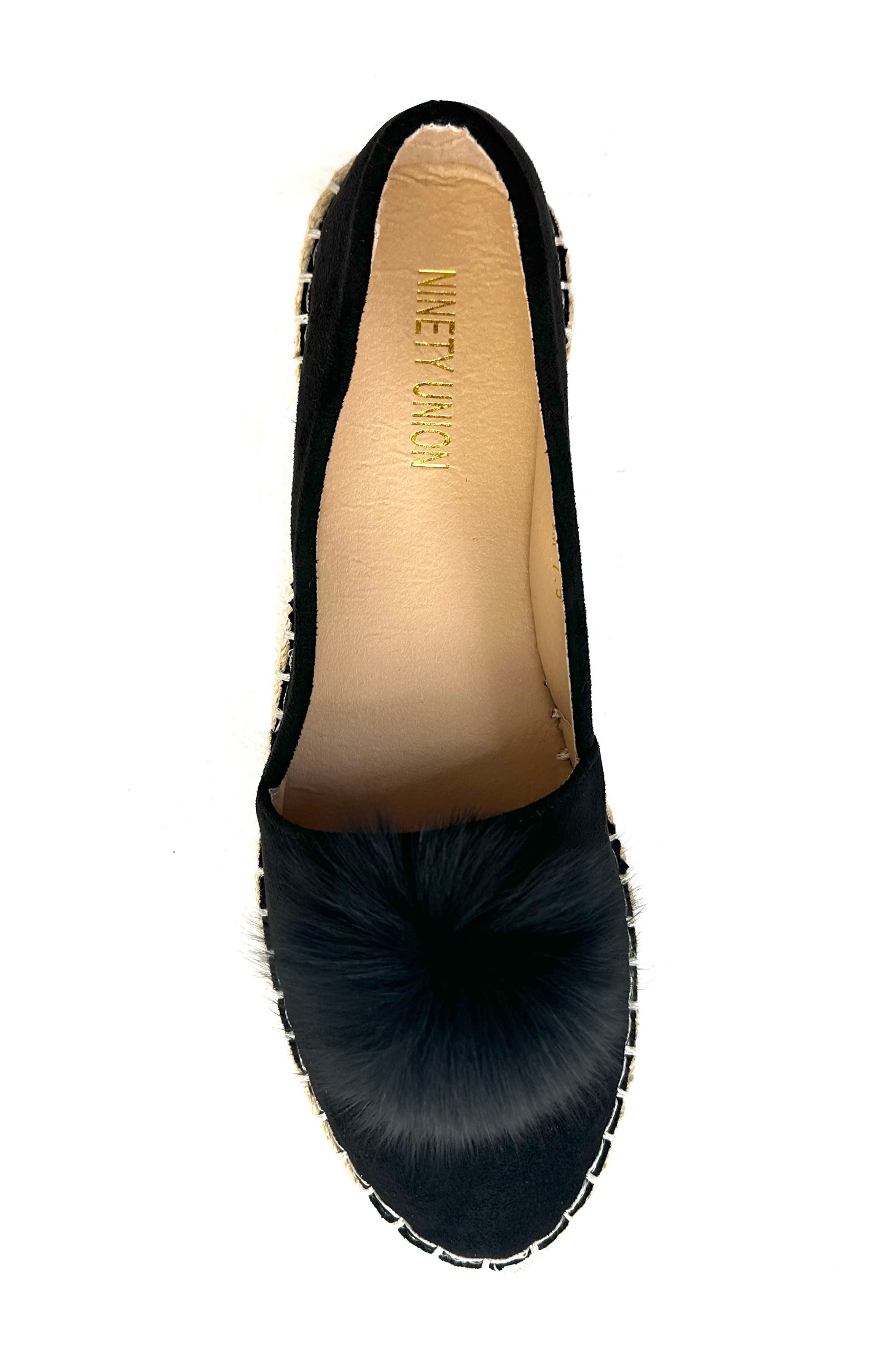 Faux Fur Pompom Espadrille Flat, Alternate, color, BLACK