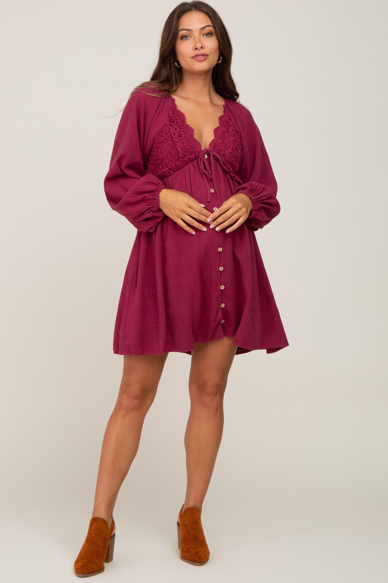 Crochet Lace Button Front Dress, Alternate, color, Burgundy