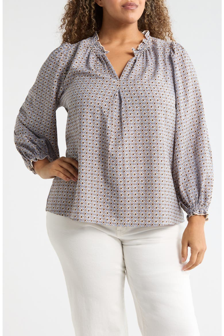 Split Neck Long Sleeve Crepe Top, Main, color, IVORY/ SKY SM IFINITE TESS