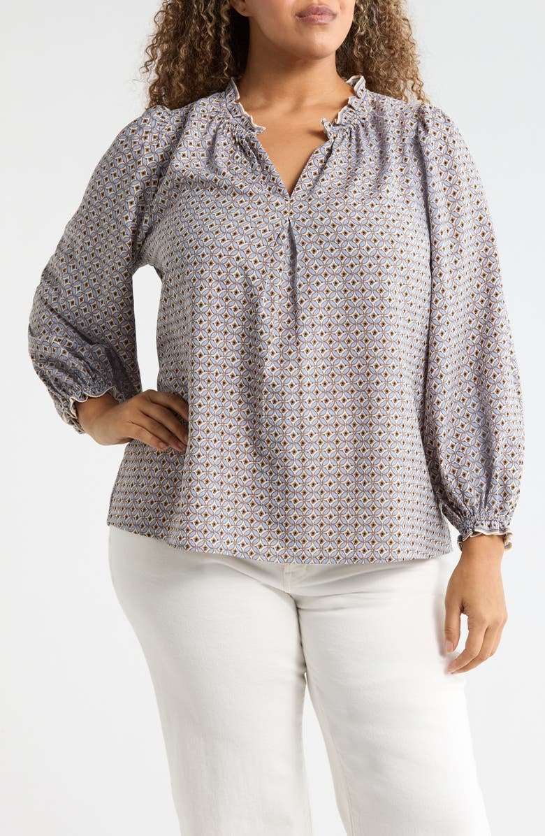 MAX STUDIO Split Neck Long Sleeve Crepe Top, Main, color, Ivory/ Sky Sm Ifinite Tess