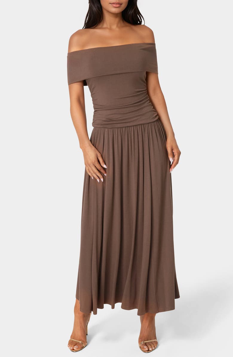 bebe Off the Shoulder Drop Waist Maxi Dress, Main, color, Chocolate