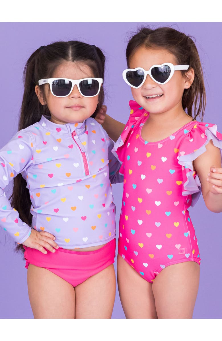 RuffleButts Girls UPF50+ Long Sleeve Zipper Rash Guard 2-Piece, Alternate, color, Lavender Colorful Hearts