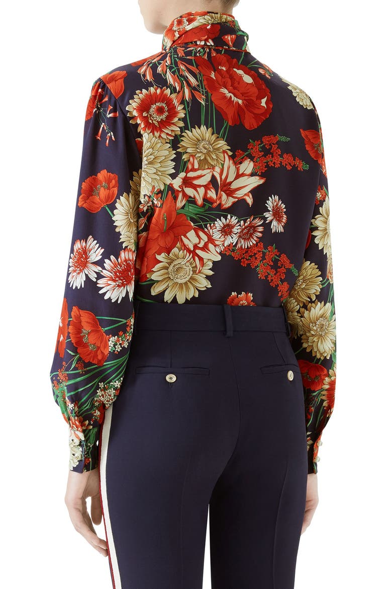 Spring Bouquet Print Tie Neck Silk Blouse, Alternate, color, BLUE/ RED PRINT