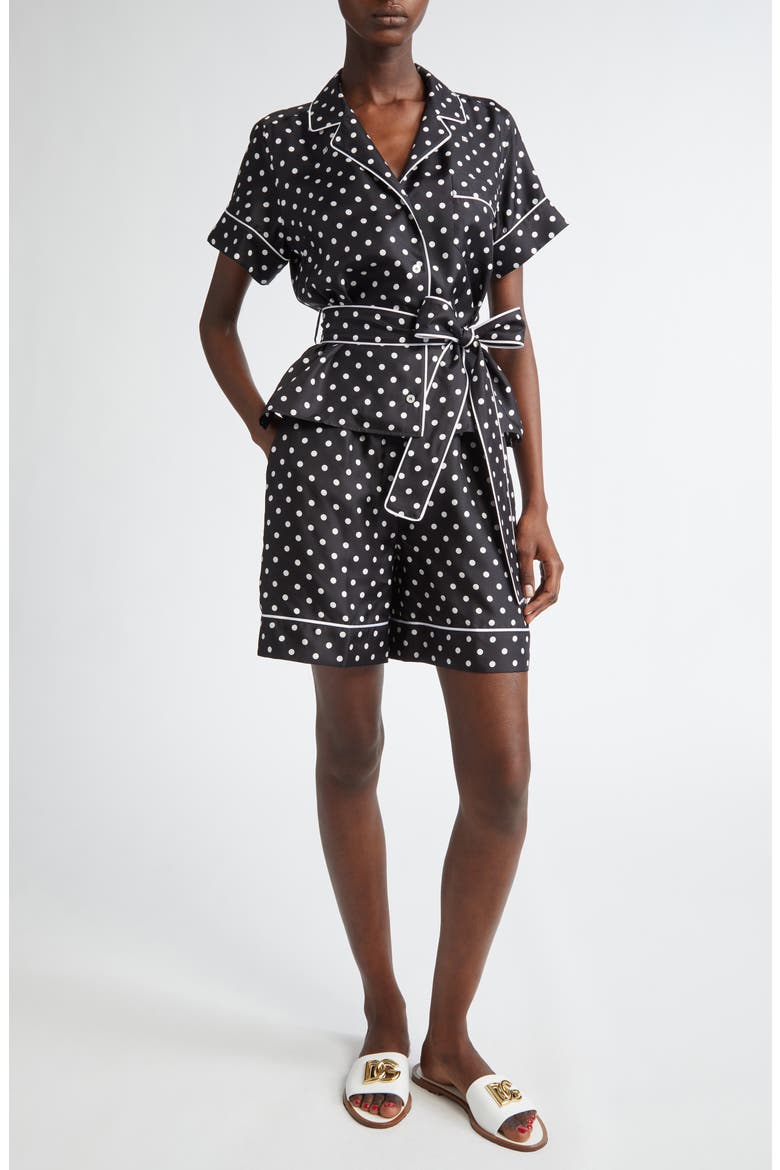 Polka Dot Belted Silk Pajama Shirt, Alternate, color, NERO