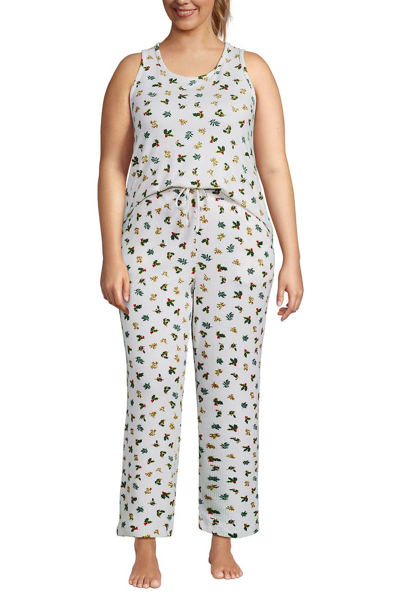 Brushed Cozy Waffle Jersey 3 Piece Pajama Set - Tank Top Pant and Robe, Main, color, Ivory Holly