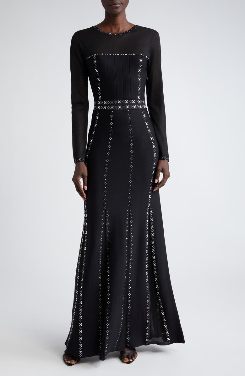 ST. JOHN Rhinestone Studded Long Sleeve Knit Gown, Alternate, color, 