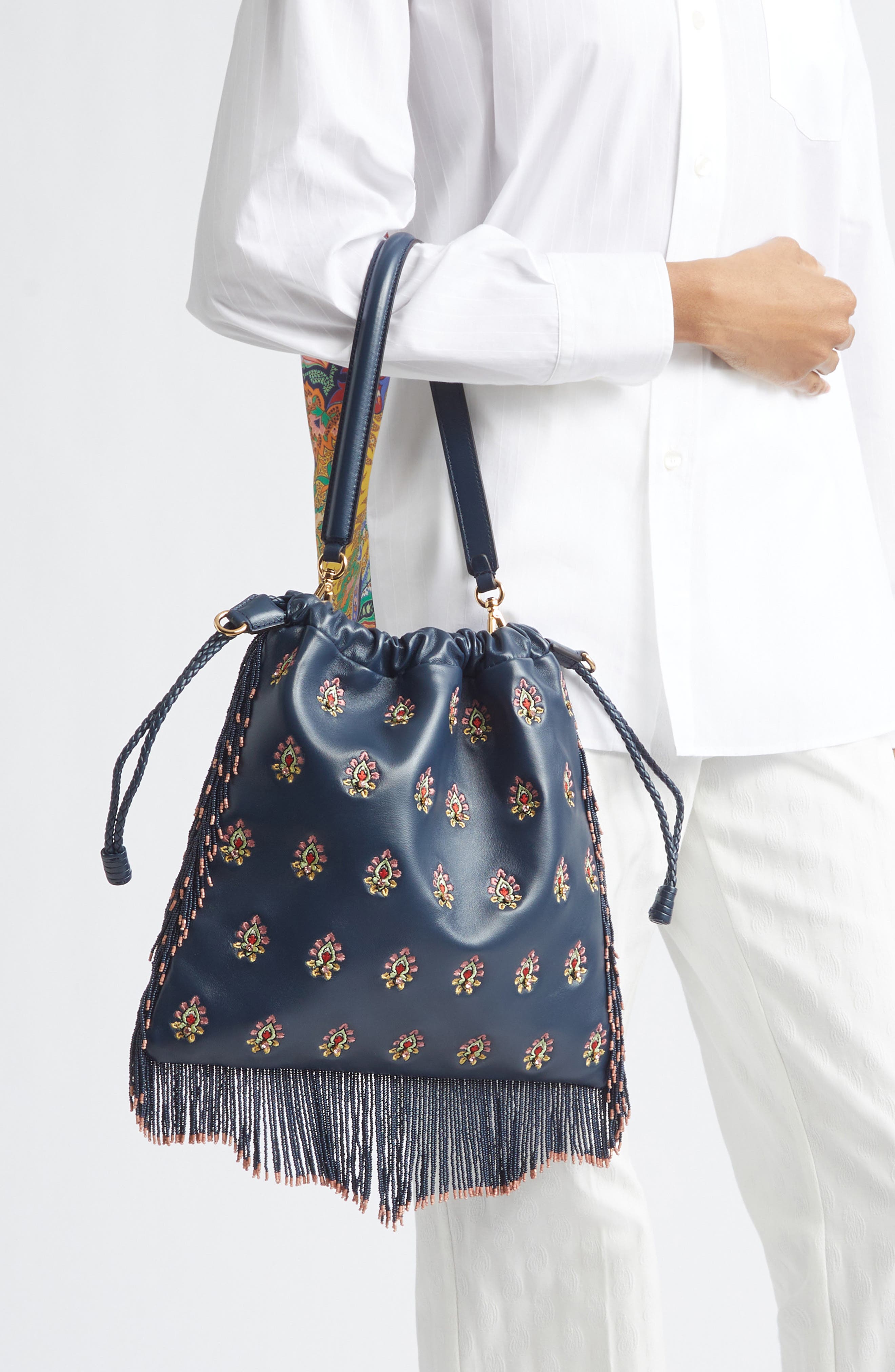 Etro Medium Kalispera Embroidered Leather Shoulder Bag, Alternate, color, Panna