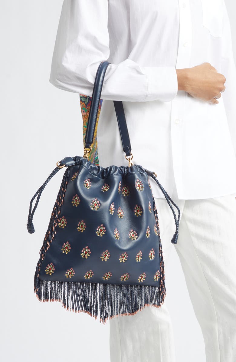 Etro Medium Kalispera Embroidered Leather Shoulder Bag, Alternate, color, Panna