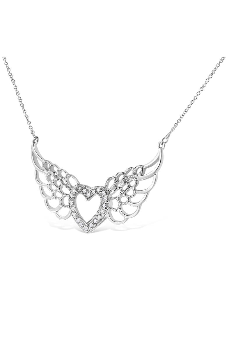.925 Sterling Silver Pave-Set Diamond Accent Fairy Wing Heart Pendant Necklace, Alternate, color, White