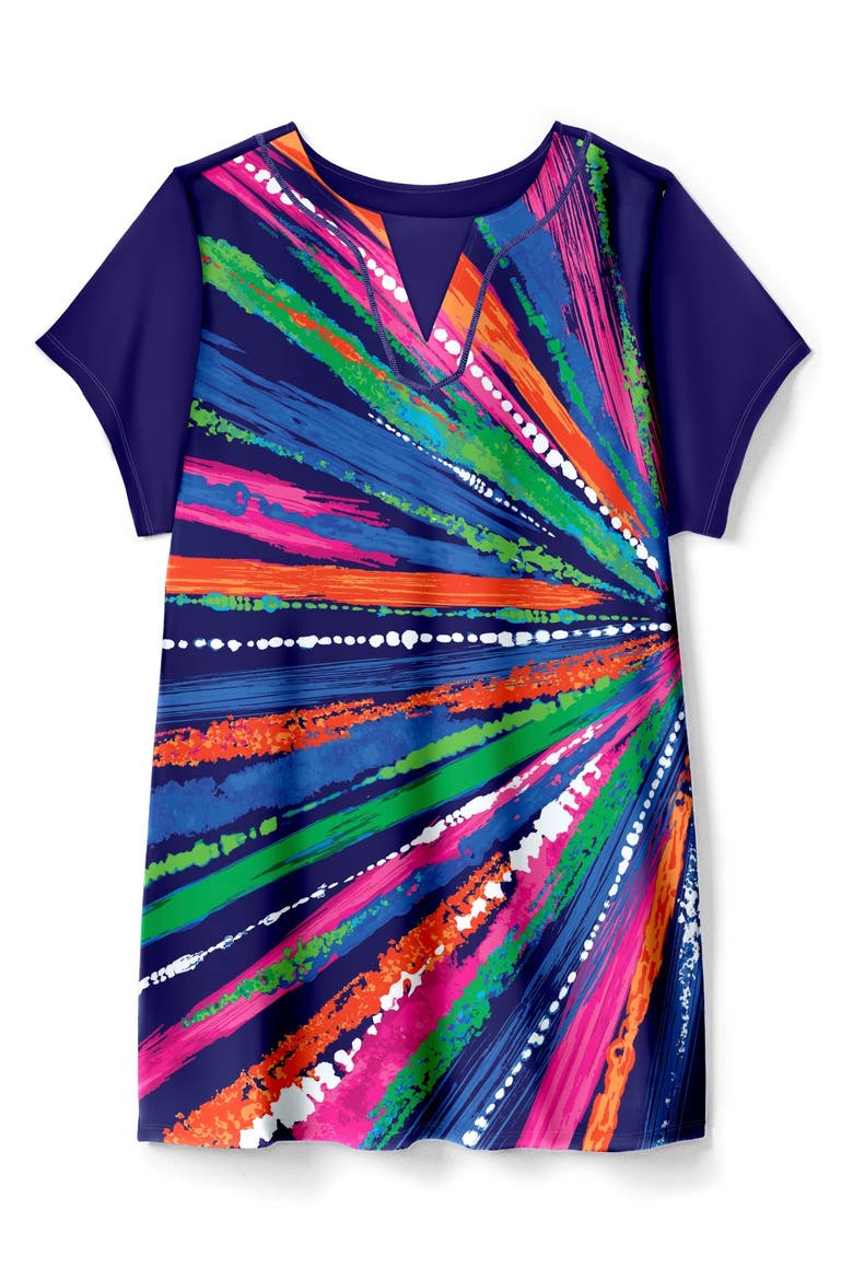 Longer-Length Notch-Neck Short-Sleeve Swim Tunic, Alternate, color, RAINBOW STARBURST
