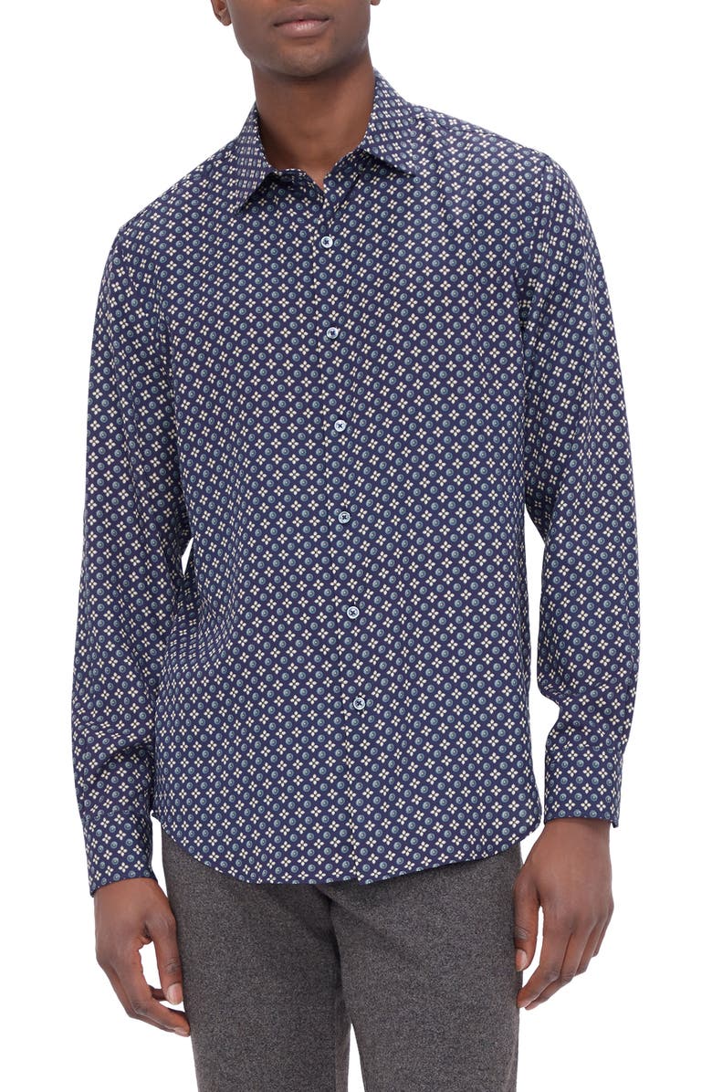 Bugatchi Julian Shaped Fit Mosaic Print Button-Up Shirt, Main, color, Navy