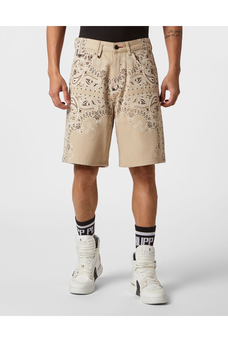 Denim Shorts Paisley Bandana Men, Main, color, beige