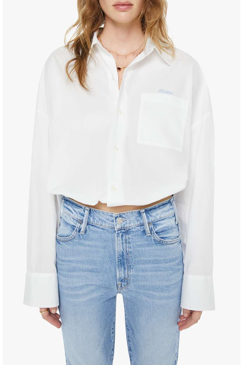 The Scrunchie Frenchie Bubble Hem Cotton Button-Up Shirt, Main, color, WHITE